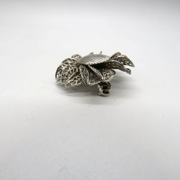 Vintage Flower Brooch Silver Tone Shell Center Filigree Stacked Petals Pin - Picture 4 of 7